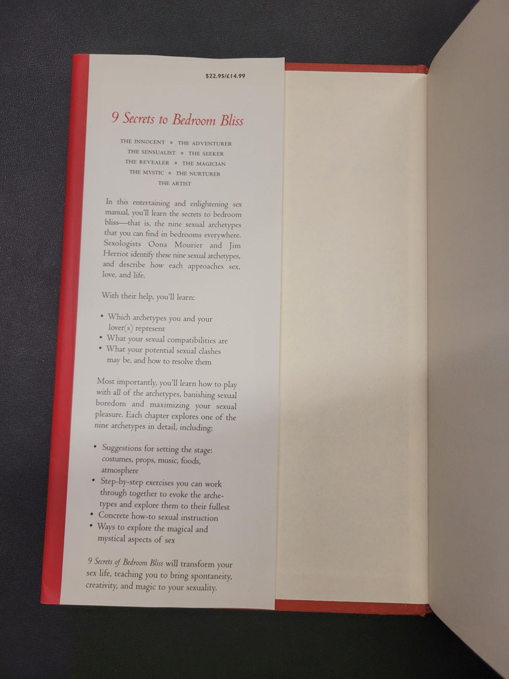 An open book or booklet photographed from above, showing a red hardcover with a white interior page printed with text. The left page has a red title reading '9 Secrets to Bedroom Bliss.