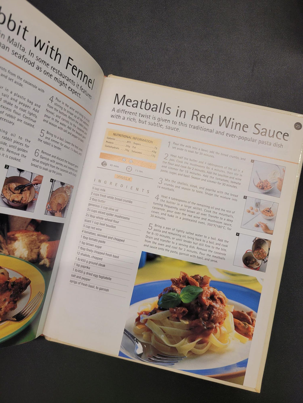 An open cookbook spread showing recipe pages for meatballs in red wine sauce and spaghetti with fennel, photographed on a dark gray surface.