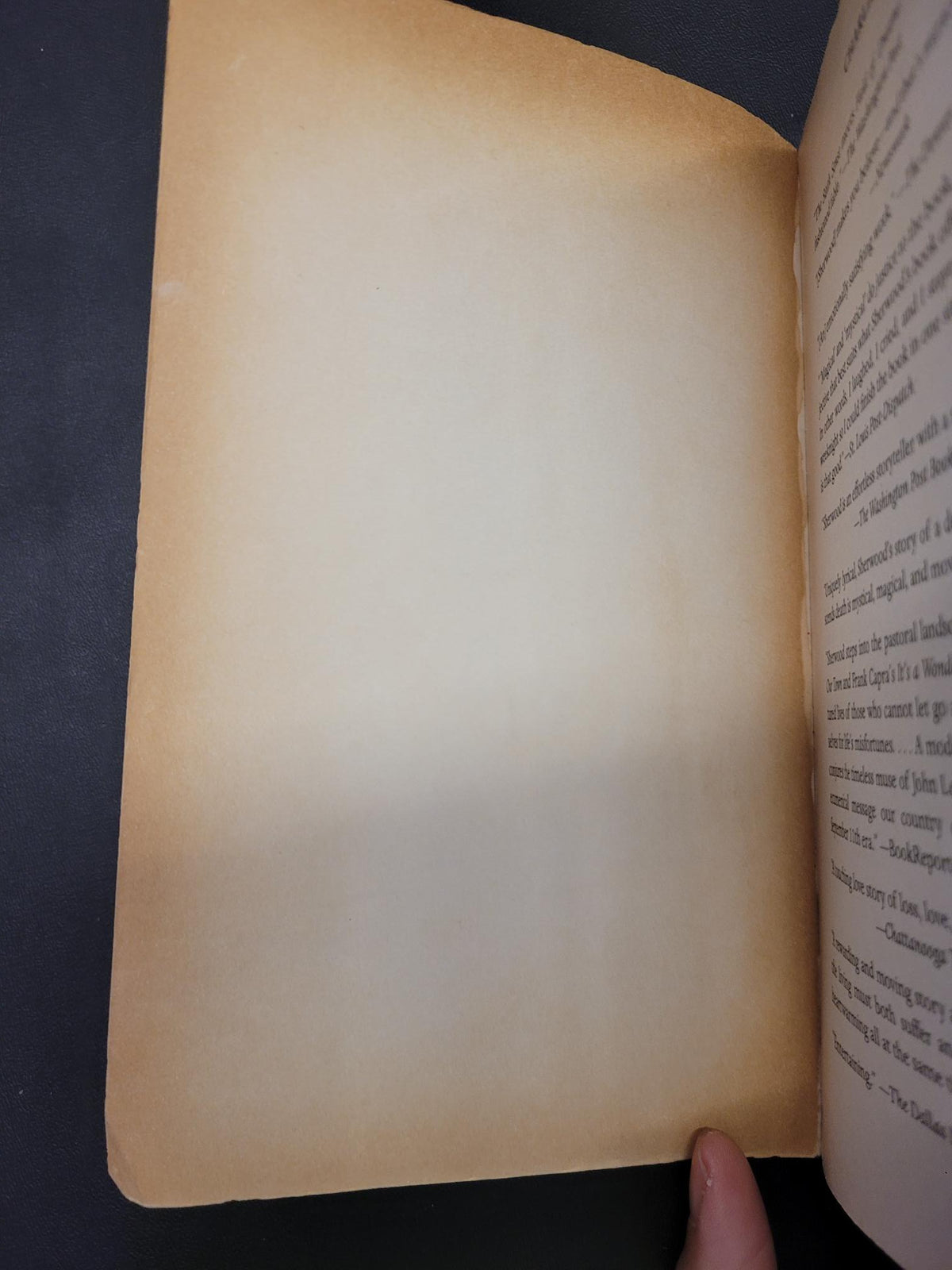 An open book showing blank, aged tan pages, held open by a hand against a dark background.