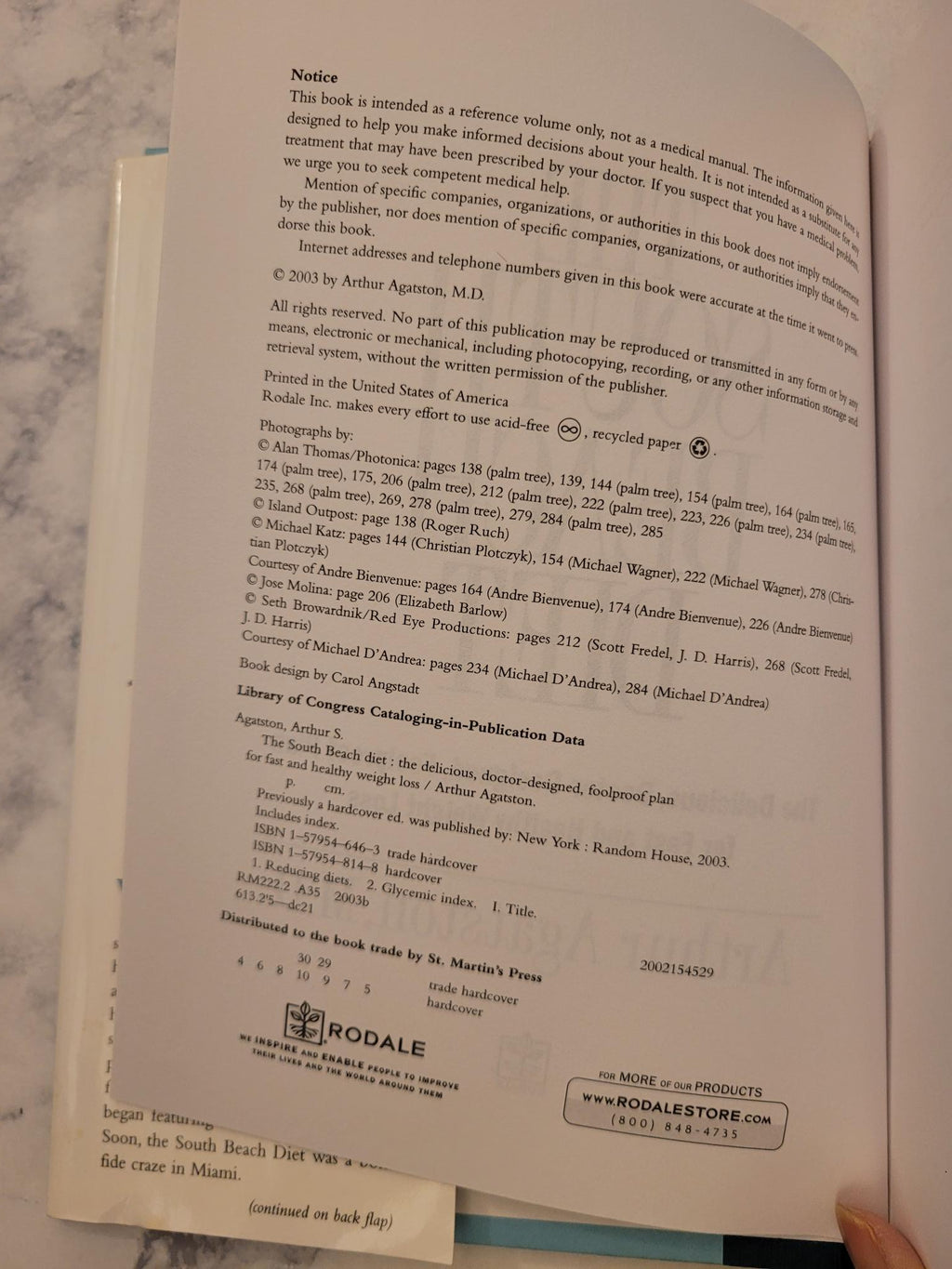 An open book showing the copyright page and notice text, photographed on a marble-like surface with a hand holding the right edge.