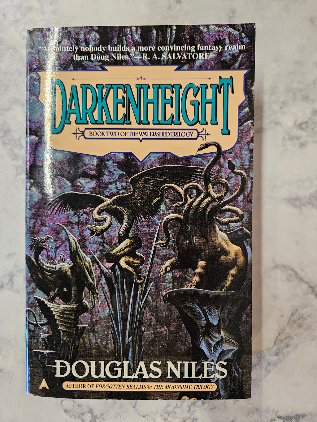 The front cover of the paperback book 'Darkenheight' by Douglas Niles, featuring fantasy artwork of a horned creature and dark purple tones, photographed on a light marble surface.