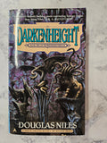 The front cover of the paperback book 'Darkenheight' by Douglas Niles, featuring fantasy artwork of a horned creature and dark purple tones, photographed on a light marble surface.