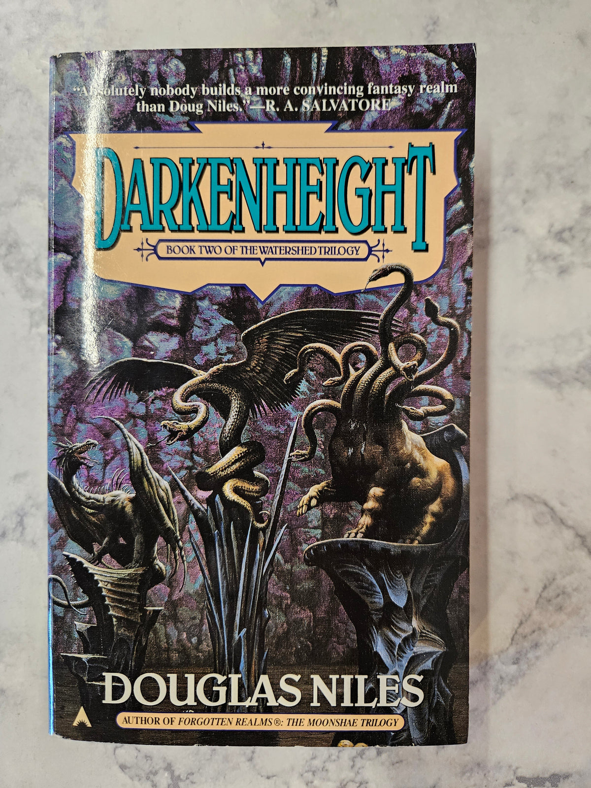 The front cover of the paperback book 'Darkenheight' by Douglas Niles, featuring fantasy artwork of a horned creature and dark purple tones, photographed on a light marble surface.