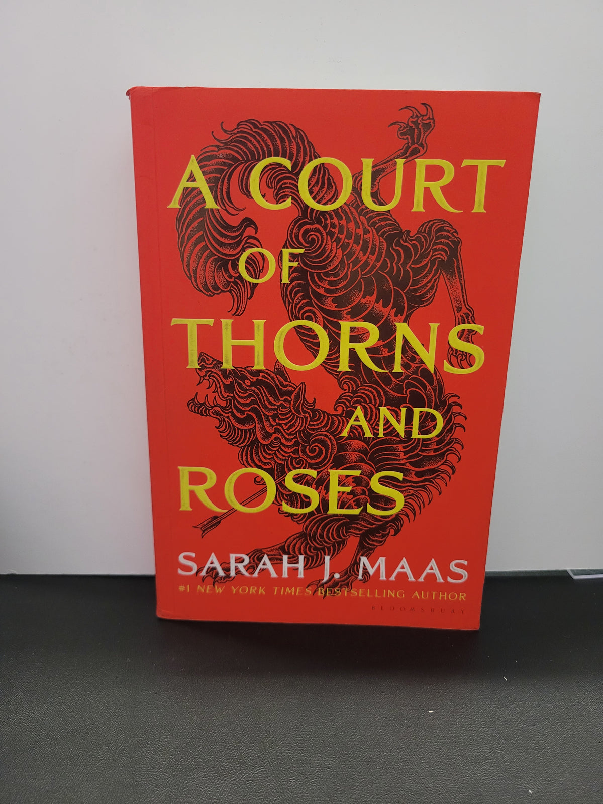 The front cover of the book 'A Court of Thorns and Roses' by Sarah J. Maas, featuring a bright red background with a black dragon illustration and yellow title text, photographed standing upright against a plain light wall.
