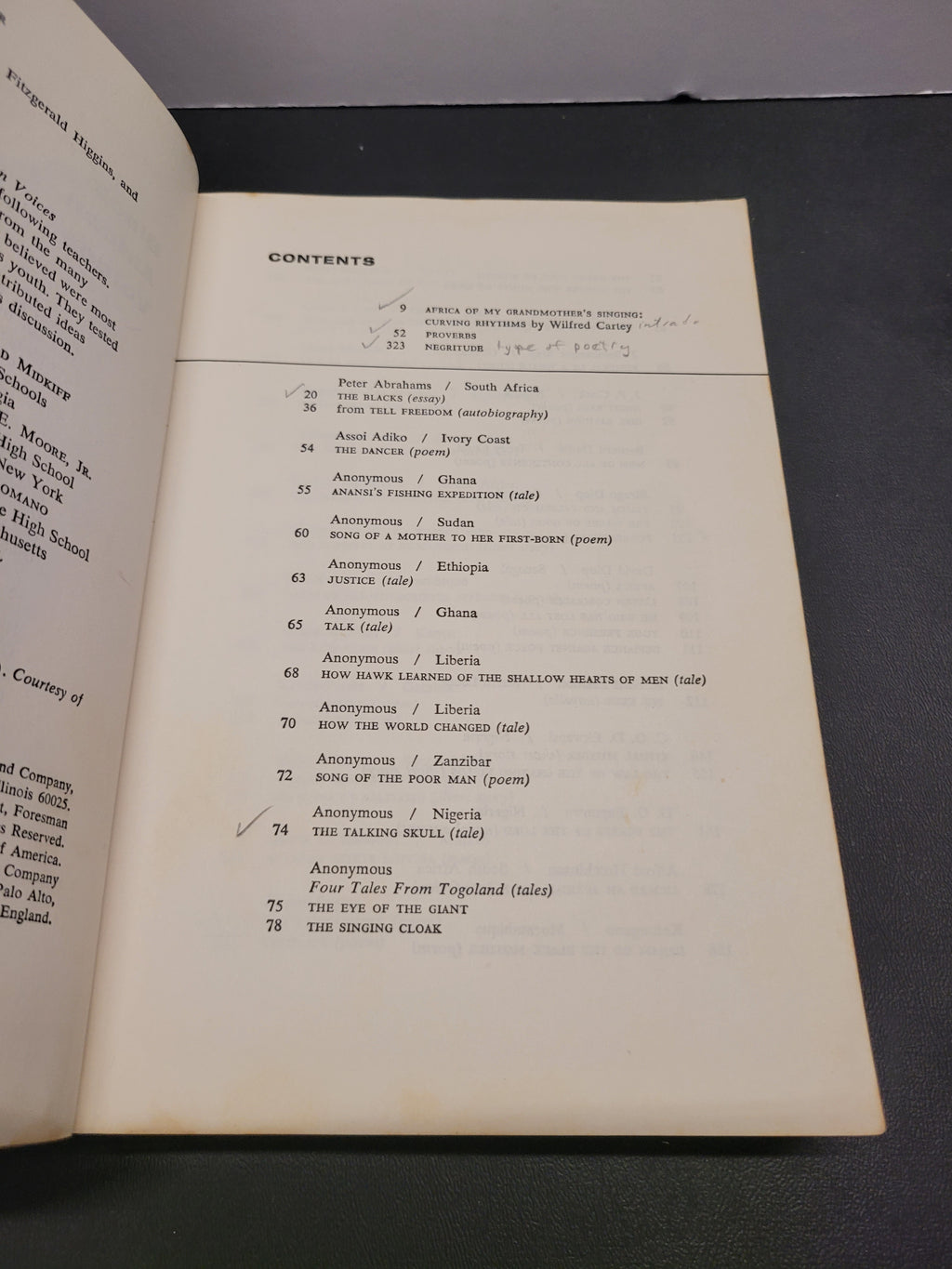 An open book "Black African Voices" showing the contents page with a list of chapters and titles printed in black text on off-white paper, photographed against a dark background.